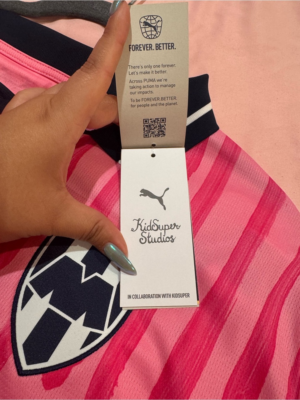 Puma Pink Striped Soccer Jersey with Navy Crest